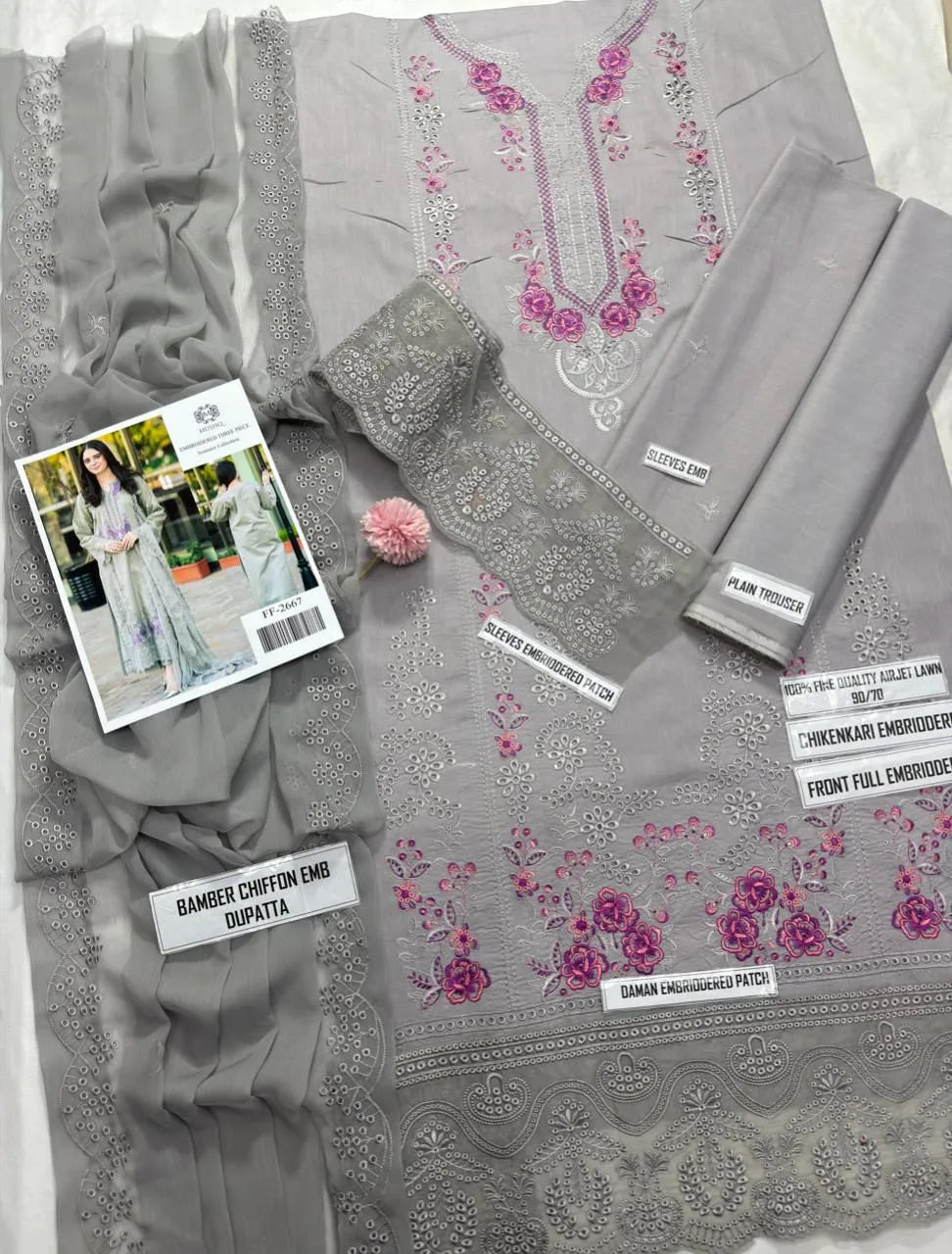 MUSHQ 3 Pcs Unstitched Chikankari Embroidered Suit