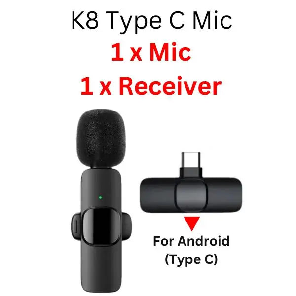 K8 New Type-C Wireless Microphone with Noise Reduction, 20m Range, 3-in-1 Universal Receiver for Mobile, Camera, and PC an wired mic