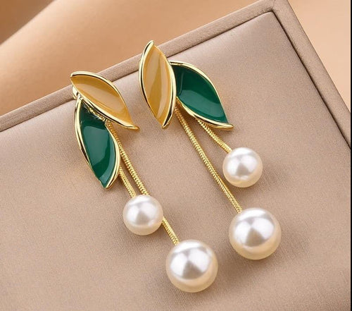 Gold Plated Pearl Leaf Earrings for Women